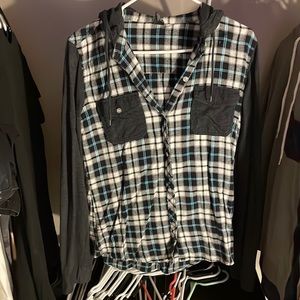 Empyre hooded flannel. Blue/black/white. Size medium.